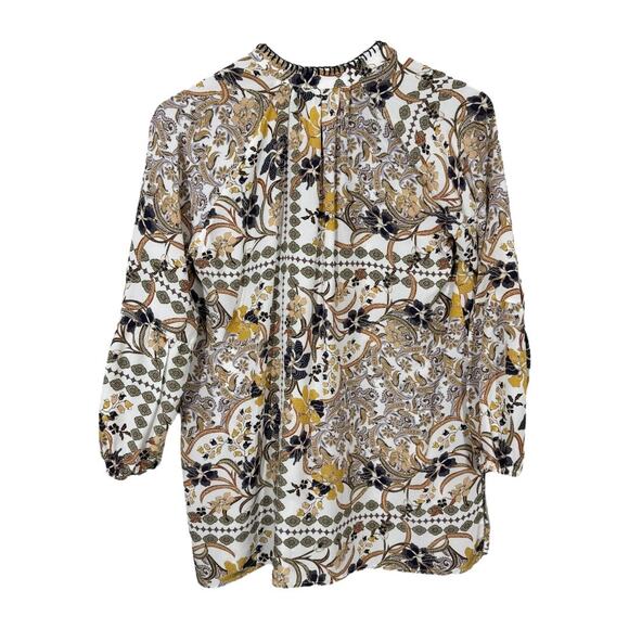 Johnny Was Phoenix Tunic Top XS Silk Floral Boho Print Purple Blue Gold V-Neck - Picture 4 of 7